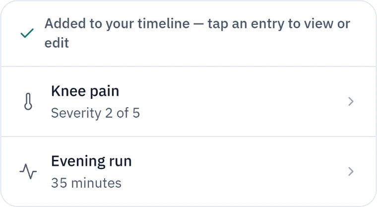 A card inside a conversation reading “Added to your timeline”, with knee pain and an evening run listed under it.