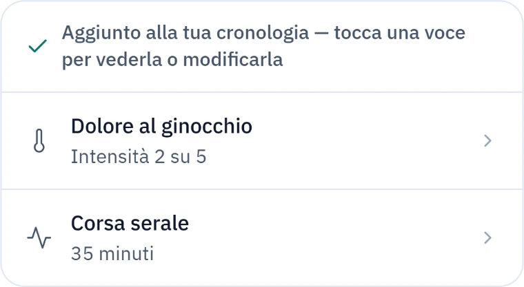 Una scheda nella conversazione conferma quanto appena registrato: dolore al ginocchio, gravità 2 su 5, e una corsa serale di 35 minuti.